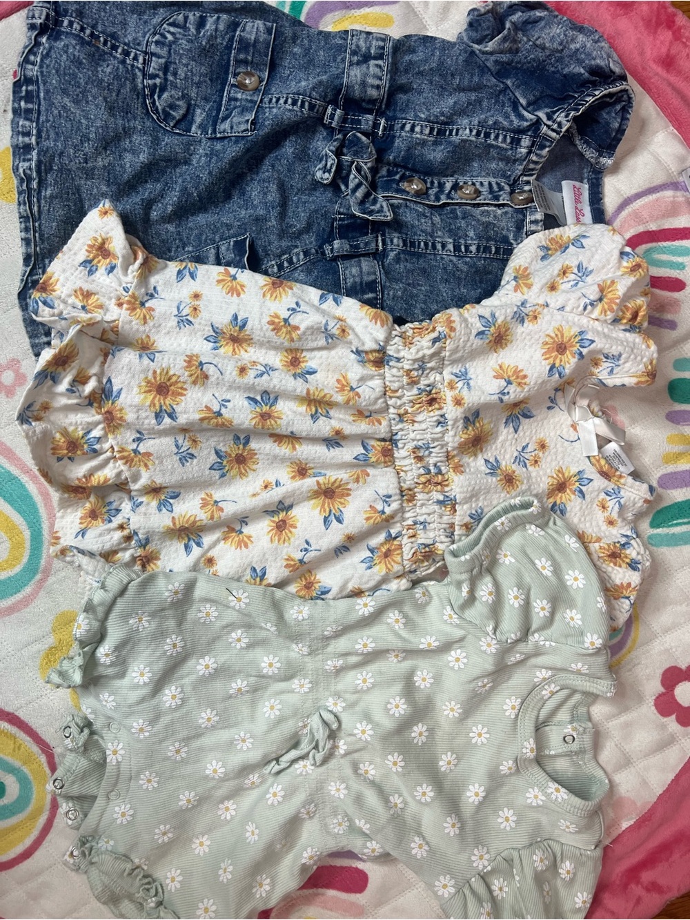 Little Lass Denim Top, Sunflower White Dress, Sage Daisy Romper